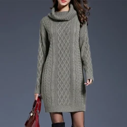 Plus Size Kvinder Casual Strikket Langærmede Vinterkjoler Sweater Solid Knælængde Løs Fed Kvinde Over Size Kjoler 4XL
