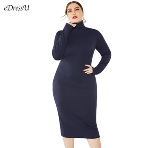 2021 Rochie tricot Plus Size Femei Toamna Iarna Rochie Pulover cu guler rochie de înaltă calitate Albastru închis birou Rochie zilnică LMT-8006