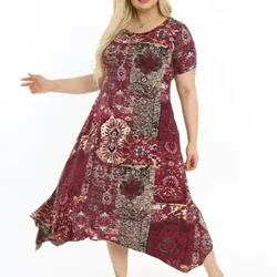 Plus Gréisst Frae Kleeder Asymmetresch Kleed Burgund Ethnesch Patchwork Knöchellängt Lycra Strécke Viskos Made in Tierkei