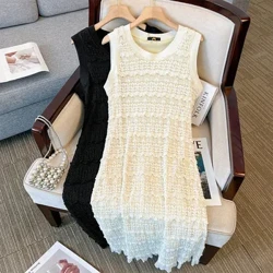 150Kg Plus Gréisst Fraen Summer Spëtzekleeder Stricken Suspender Kleed Bust 130cm 5XL 6XL 7XL 8XL Héich Stretch Baussenkleed