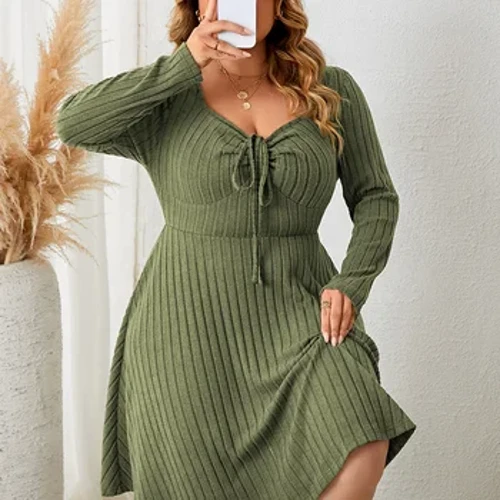 GIBSIE Plus Kích Thước Sweettheart Nút Thắt Cổ Trước Chữ A Đầm Nữ Mùa Thu Mới Vintage Dài Tay Gân Đan Cổ Mùa Đông áo
