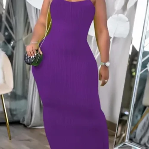 LW Plus Size Rib Strik Bodycon Cami Kjole Sexet Spaghetti Strap Lilla Lang Kjole Ærmeløs Skinny Maxi Vestidos