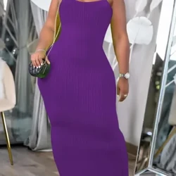 LW Plus ขนาดซี่โครงถัก Bodycon Cami Dress สปาเก็ตตี้เซ็กซี่สีม่วงยาวแขนกุด Skinny Maxi Vestidos