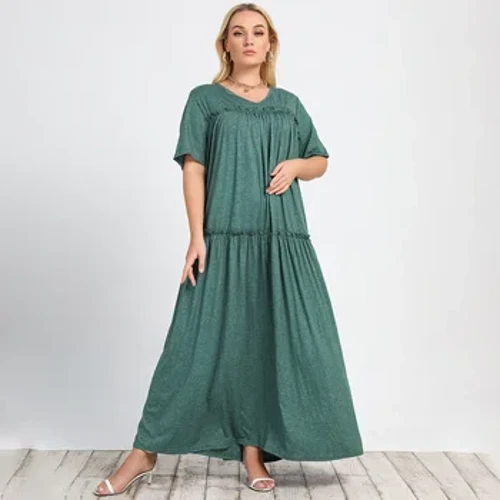 Veľká veľkosť V s výstrihom, lemom, strihom Šaty v línii Dámske Leto Krátky rukáv Úplet Ležérne Dámy Maxi Dlhé šaty Xxxl 4xl