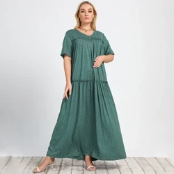 Plus Kích Thước Cổ V Chắc Chắn Frill Viền Chữ A Đầm Nữ Ngắn Tay Mùa Hè Đan Cổ Nữ Maxi Áo Dài Xxxl 4xl