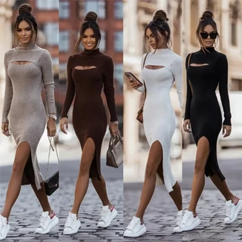 Pullover Trikotaj Ko'ylak Uzun Ayollar Elegant Kundalik Bo'yinbog'li Trikotaj Kesilgan Ribali Sviter Ko'ylak Kuzgi Qish Katta O'lchamli Frock