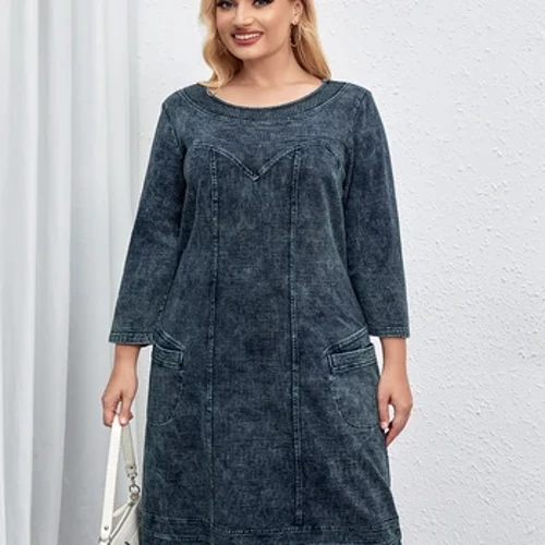 LIH HUA Aýal-gyzlaryň goşmaça ululygy Denim köýnegi Güýz pagta trikota C ekipa Ne boýunlary tötänleýin moda köýnegi