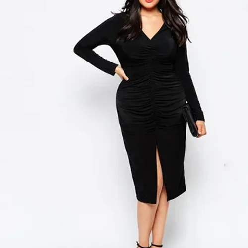 Plus Size Elegant slire Ruched Dress Solid Svart Sexy V-hals Langermet Spalte Vår Høst Strikk Midi Kontor Blyant Festkjole