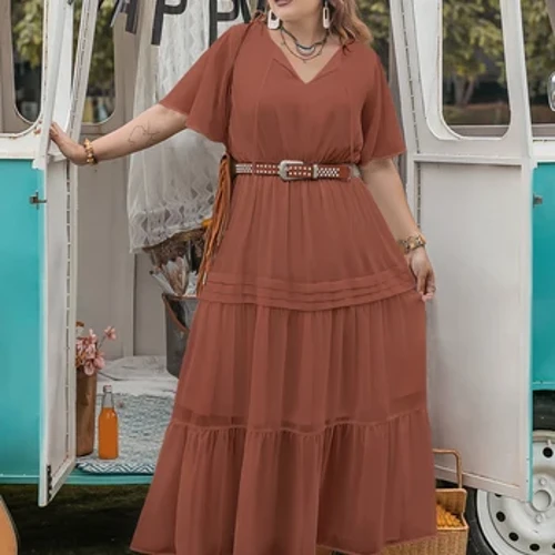 Originele bohemien elegante prinsessenstijl effen kleur losse taille geweven v-hals resort grote maten meisjesjurk