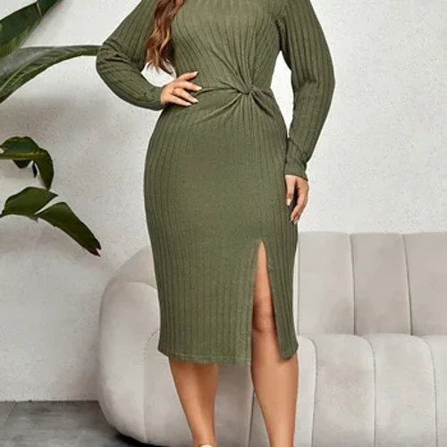 GIBSIE Plus Maint Merched 2023 Fall Twist flaen Rhesog Gweu Bodycon Gwisg Merched Achlysurol Solid O-Gwddf Solid Ffrogiau Hollti Llewys Hir