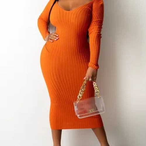 Abito LW Plus Size Abito aderente in maglia a coste con spalle scoperte Abito lungo da donna Abito elegante a maniche lunghe autunnale Abiti alla moda