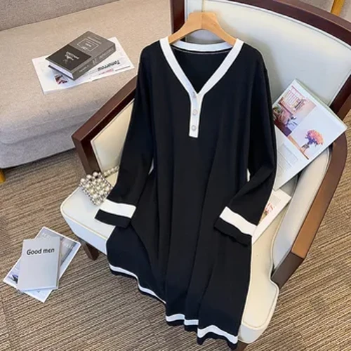 155Kg ʻoi aku ka nui o nā wahine i ka Bust 160 Spring Autumn New Ice Silk Knitting Long Sleeve V-Neck Dress Black 5XL 6XL 7XL 8XL 9XL 10XL