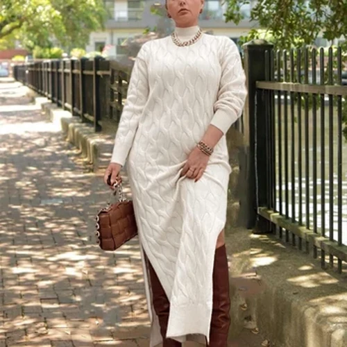 Putih Rajutan Gaun Wanita Panjang dan Elegan Plus Ukuran Pakaian Sweater Gaun untuk Wanita Tebal Musim Dingin Gaun Grosir Dropshipping
