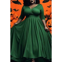 Cộng với kích thước trang phục Halloween thông thường Váy maxi dệt kim cổ chữ V màu xanh lá cây
