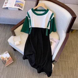 155Kg Plus Size Women's Bust 160 Summer Loose Ice Silk Knitted Dress O-Neck Contrast Color Dress Black 2XL 3XL 4XL 5XL 6XL 7XL