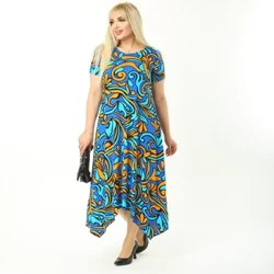 Plus Size Dame Tøj Casual Asymmetrisk Kjole Blå Jungle Mønster Ankel-længde Lycra strikket Viscose Lavet i Tyrkiet
