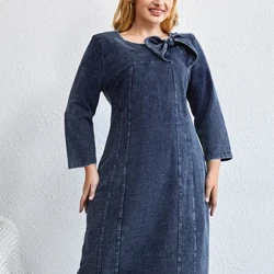 Gwisg Denim Merched LIH HUA Maint yr Hydref Gwisg Chic Cain Ar gyfer Merched Chubby Gwisg Cwlwm Bow wedi'i Gwau