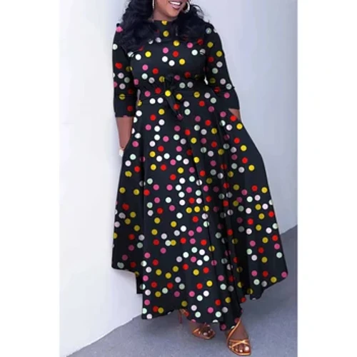 Rochii Maxi Semi Formale Dimensiuni Plus Ocazional Multicolor Buline Toamna Iarna Decolteu Crew Maneca 3/4 Rochii Maxi Tricotate Cu Buzunar