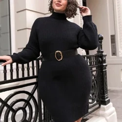 Plus Gréisst Sweater Kleed Frae Casual Button Héich Hals Langer Ärm Bottom Knit Kleed Loos Pullover Solid Faarf Elegant Kleeder