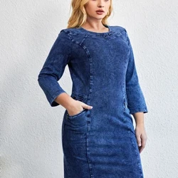 LIH HUA Wanita Gaun Denim Ukuran Besar Gaun Elegan Musim Gugur Chic Kanggo Wanita Gemuk Gaun Rajut Katun Leher Bulat
