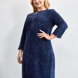 LIH HUA femmes grande taille robe en jean automne Chic robes élégantes pour femmes potelées coton robe tricotée