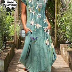 Moda Vara Noua Rochie Eleganta Dama Marime Plus Imprimata Stil Vacanta Retro Decolteu Rotund Rochie Lunga Colorata Temperament