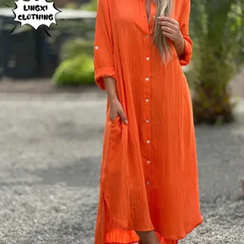 Musim Panas Baru Wanita Katun dan Rami Gaun Ukuran Plus Kemeja Elegan Gaun Panjang Lengan Panjang Kasual Lengan Panjang Gaya Pantai