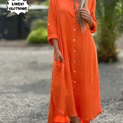 Mùa hè Mới dành cho nữ Cotton và Gai Plus Size Đầm Sơ Mi Thanh Lịch Áo Dài Thời Trang Dài Tay Đi Biển Phong Cách đầm