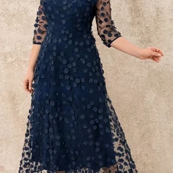 Plus-koon pitkä mekko kirjonta suuri swing mesh 3D kukka mekko Naisten elegantti temperamentti pyöreä pääntie puolihihaiset mekot