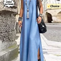 2024 Summer New Elegant Dress for kvinner Løs stropp Sexy Solid Split Plus Size Denim Dress Lang kjole Plus Size Dameklær