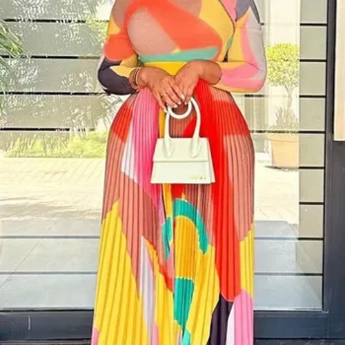 LW Plus Ukuran Musim Gugur & Musim Dingin Wanita Elegan Lengan Panjang Maxi Gaun Warna Kontras Cetak Lipit A Line Gaun Pesta L-3XL