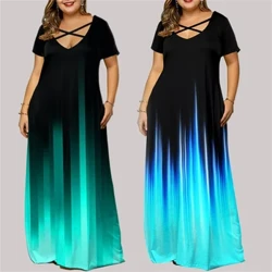 Naisten Elegant Plus Size Gradient pitkä mekko Taskut Kesä Lyhythihainen V-pääntie Löysä vyötärö T-paita Mekko Naisten Cocktail Mekko