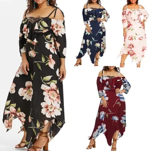 Wanita Plus Ukuran Gaun Bunga Off-Shoulder Spaghetti Strap Gaun Ora Teratur Tingkat Pantai Maxi Gaun Musim Panas Bunga Liburan