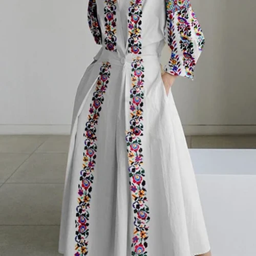 ʻO ka lole no nā wahine Lapel Neck A-Line Pleated Floral Print Collared Hoʻokahi pihi Pākuʻu ʻaʻahu ʻaʻahu nani 3/4 lima lima.