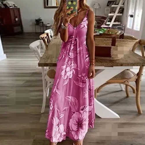 Plus Size Lady Spring Summer Gwisg Merched V-Gwddf ffrogiau Hir Cain Achlysurol Bohemian Merched Llewys Gwisg Parti Traeth