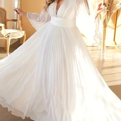 Rochie plisată elegantă cu pliuri pentru femei, îmbrăcăminte solidă cu decolteu în V, rochie lungă de seară pentru cină de lux, rochie de petrecere pentru femei, primăvară 2024