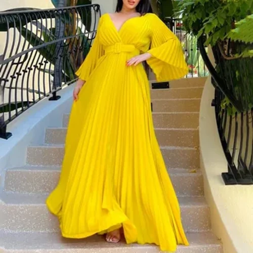 Thời Trang Plus Size Đầm Sâu Gợi Cảm V Vải Xếp Tay Dài Nữ Váy Thanh Lịch Cao Cấp Dây Ngày Lễ Rời Áo Dây Mùa Hè trang Phục