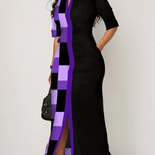 LW Plus Size Ženy Jaro Léto Ležérní Elegantní Výstřih do V Polorukáv Geometrický vzor Vícebarevný kostkovaný potisk Kapesní design Šaty