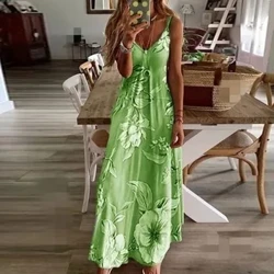 Tamaina handieneko andre udaberriko udako soinekoa lore-inprimatu berdea V-lepoko soineko luzeak Casual bohemioa ​​mahukarik gabeko emakumezko hondartzako festa soinekoa2023