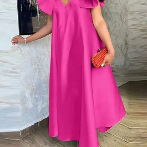 Plus Kích Thước Vivo Nữ Xù Lông Satin Đầm Cổ Chữ V Maxi Sundress Mùa Hè 2023 Thanh Lịch Ngắn Tay Màu Đảng vestidos