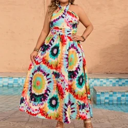 Fraen Plus Gréisst Bohemian Beach Kleed Tie Dye Summer Laang Kleed Uewerschenkel Tie Backless Halter Neck Maxi Kleed Mixcolor Vakanz Kleed