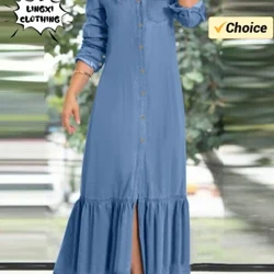 2024 Spring Women's Elegant Fashion Elegant Unisex Long Sleeved Polo Cardigan Solid Color Long Denim Plus Size Dress