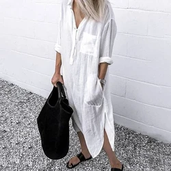 Plus Size bomull Lin Lang kjole for kvinner 2023 Sommer Uformell Kortermet skjortekjole Overdimensjonert kvinneklær Y2K Vestido Ro