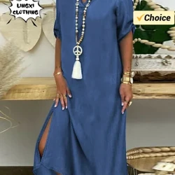 Mùa Xuân Mới Nữ Plus Kích Thước Đầm Denim Ánh Sáng Thời Trang Thanh Lịch Áo Dây Cổ Chữ V Chắc Chắn Tay Ngắn Chia Phong Cách Vintage Áo Dài