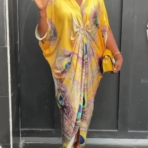 iDress Plus Rochie de damă, lată, largi, cu mâneci cu aripi de liliac, imprimate, la modă, ocazională, mare, largi, lungă, pentru navetiști