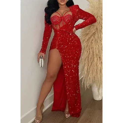 Plus Ukuran Gaun Prom Maxi Merah Panjang Musim Gugur Musim Dingin Puff Lengan Lengan Panjang Split Payet Gaun Maxi