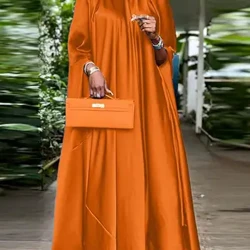 Plus Size 5XL VONDA 2024 Kvinner Ståkrage Elegant satengkjole Lang flaggermuserm Kveldsplissert Maxi Solkjole Uformell solid kappe