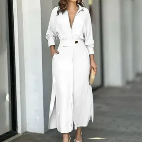 Robe blanche décontractée pour femmes, grande taille, col en V, manches longues, jupe longue avec poches, robes de soirée élégantes, automne 2023