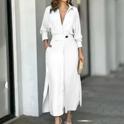 Robe blanche décontractée pour femmes, grande taille, col en V, manches longues, jupe longue avec poches, robes de soirée élégantes, automne 2023