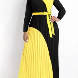 LW Plus Ukuran Wanita Musim Gugur & Musim Dingin Elegan Lengan Panjang Perban Patchwork Surplice Leher Lipit Diikat Warna Blok Garis Gaun